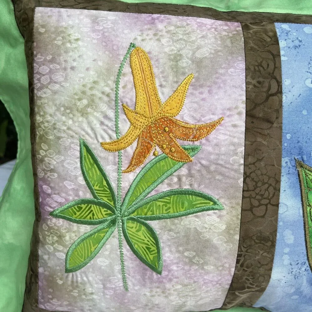 Vtg Quilted Batik Floral Throw Pillow 20” Appliqué Lily Cottagecore Botanical